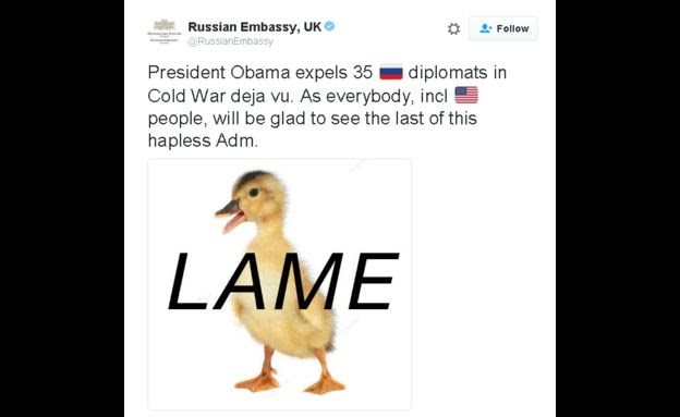 Russian Embassy tweets: President Obama expels 35 ��ussian diplomats in Cold War deja vu. As everybody, incl american people, will be glad to see the last of this hapless Adm.