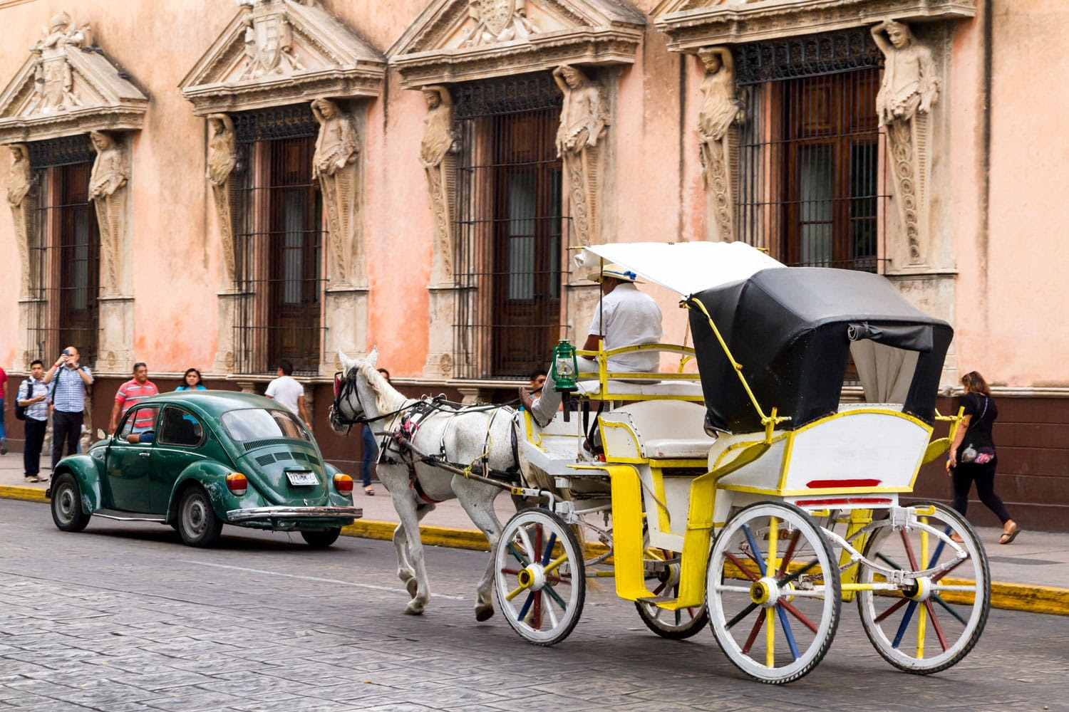 Merida Meksika'da bir şehir caddede yolcularla at arabası.