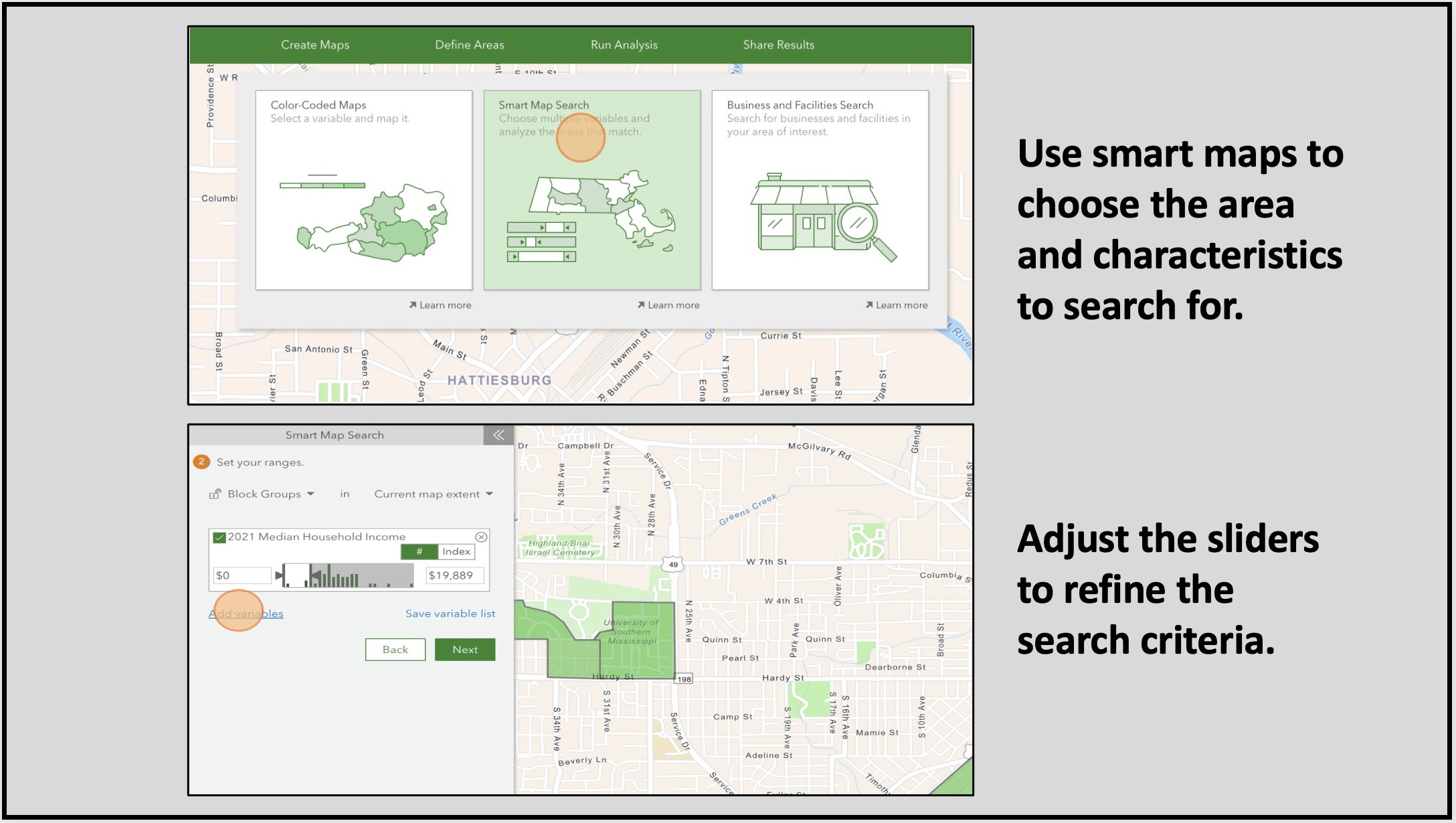 Choose the area and socio-economic criteria to search on. Adjust the sliders to refine the search.