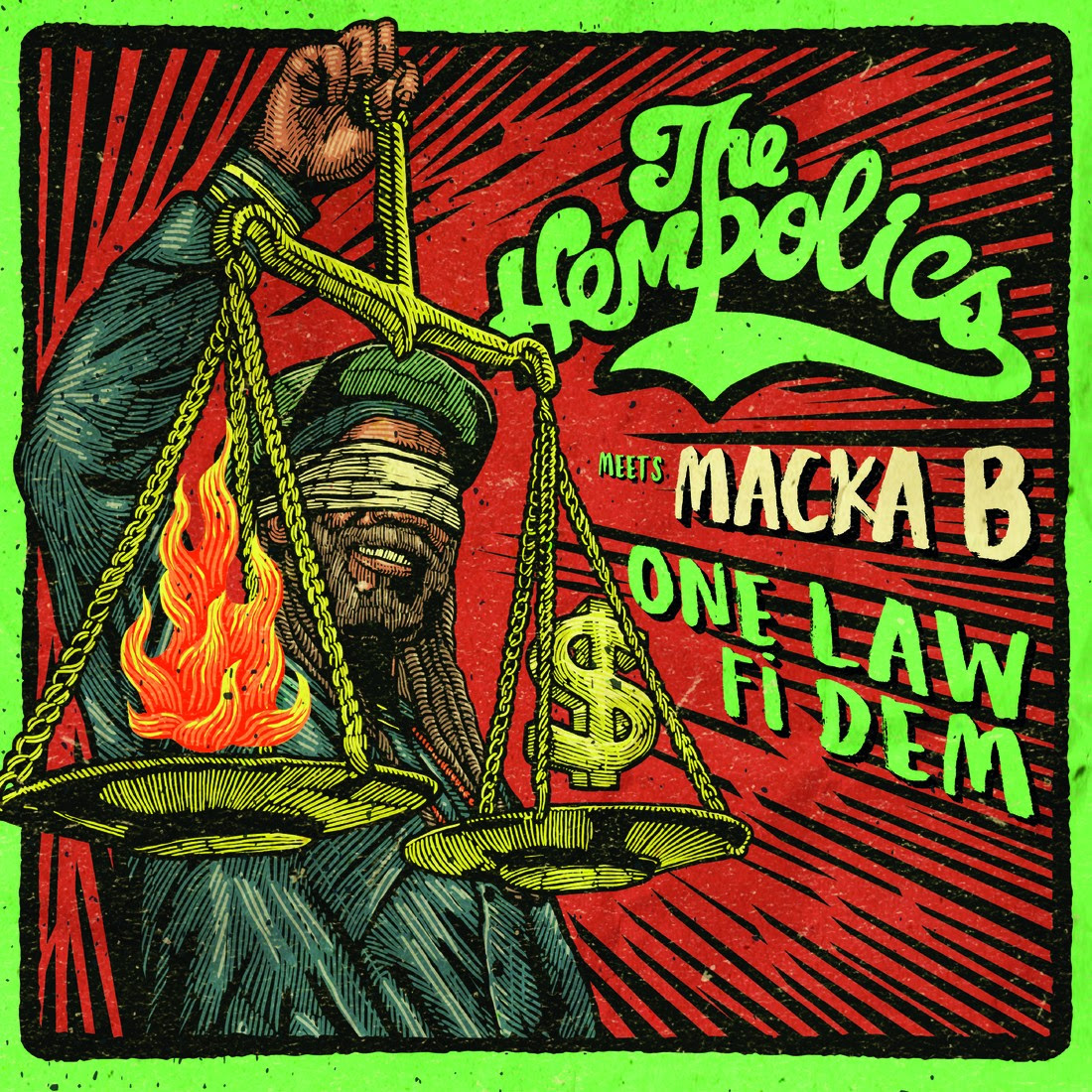 Macka B and the Hempolics holding the scales of justice trying to balance fire and money