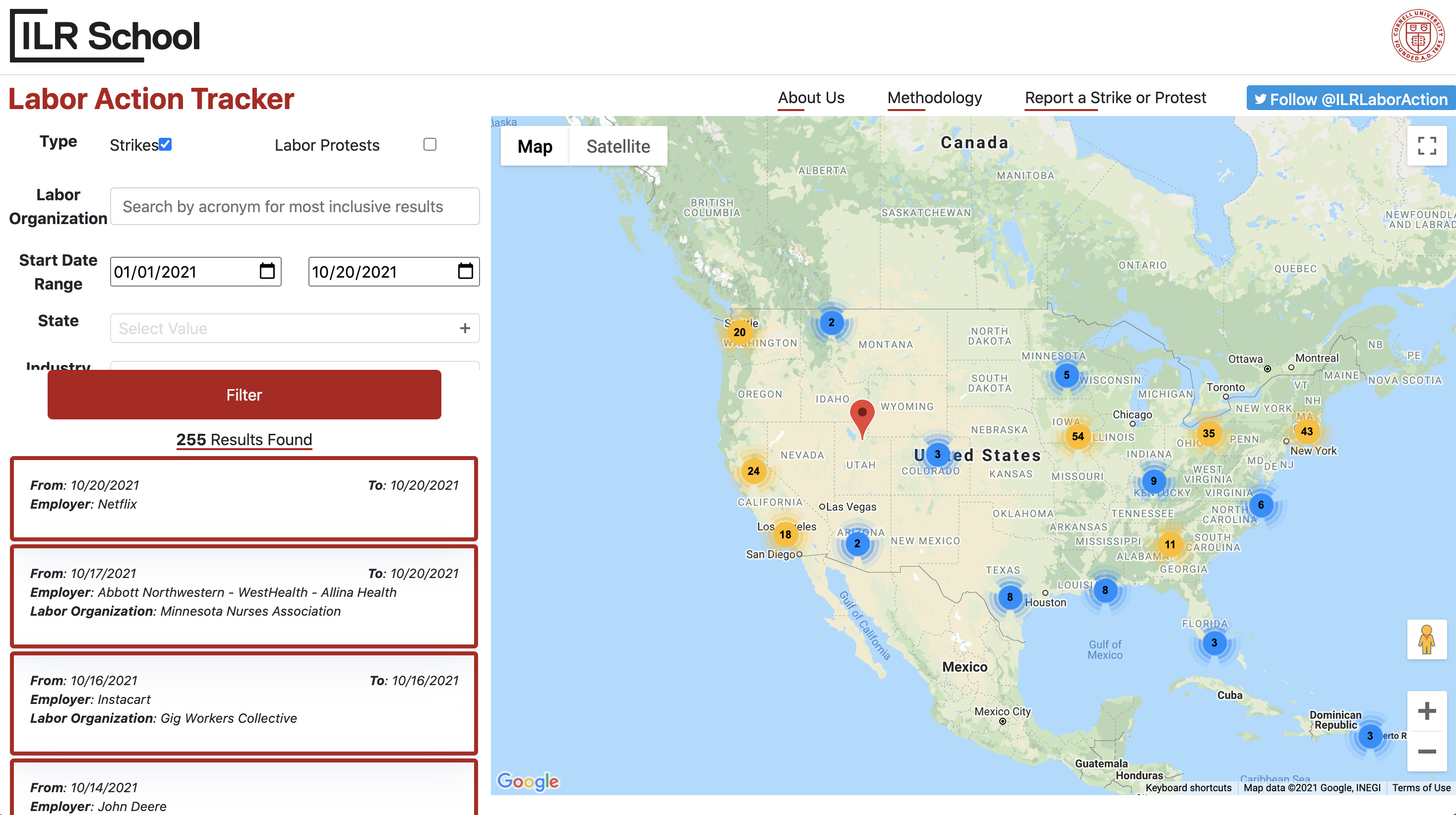 The Cornell-ILR Labor Action Tracker is database of strike and labor protest activity across the United States. All information in the tracker is from public sources with links to the source and is a great resource for labor movement activists, policymakers, and scholars. Follow them on Twitter @ILRLaborAction.