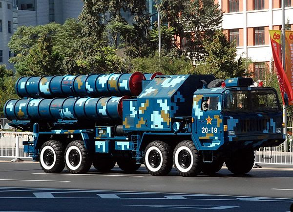 A Chinese HQ-9 missile launcher painted in the livery of the People's Liberation Army Navy (PLAN). PLAN Photo