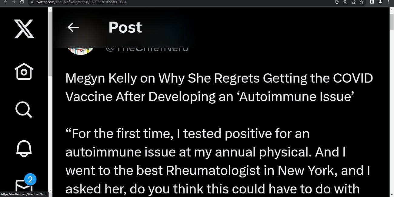 Megyn Kelly damaged by the COVID mRNA booster vaccine! she has regained a lot of my prior respect for she is now no longer deranged IMO with TDS; she was hurt by auto-immune disorder due to the mRNA t