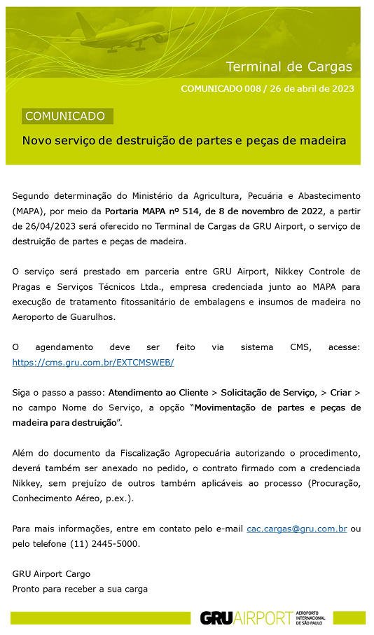 COMUNICADO GRU AIRPORT - NOVO SERVIÇO DE DESTRUIÇÃ