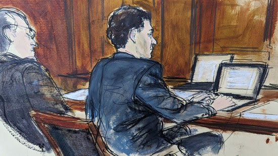 In this courtroom sketch, FTX founder Sam Bankman-Fried, right, sits at the defense table next to his attorney Christian Everdell as jury selection began in his fraud trial, Tuesday, Oct. 3, 2023.