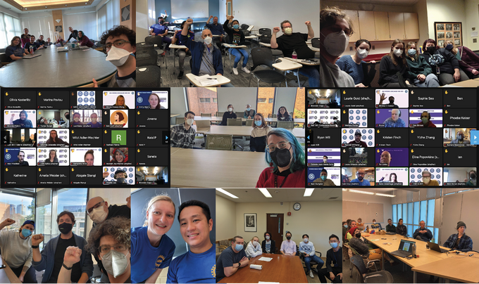 A collage of pictures with groups of people in physical and virtual Zoom rooms, gathering for the PD/RSE rally