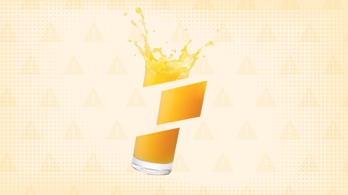 Light orange background with overlayed warning sign pattern in darker orange. In the center is a splashing glass of Metamucil mixed drink that is cut up into three sections.