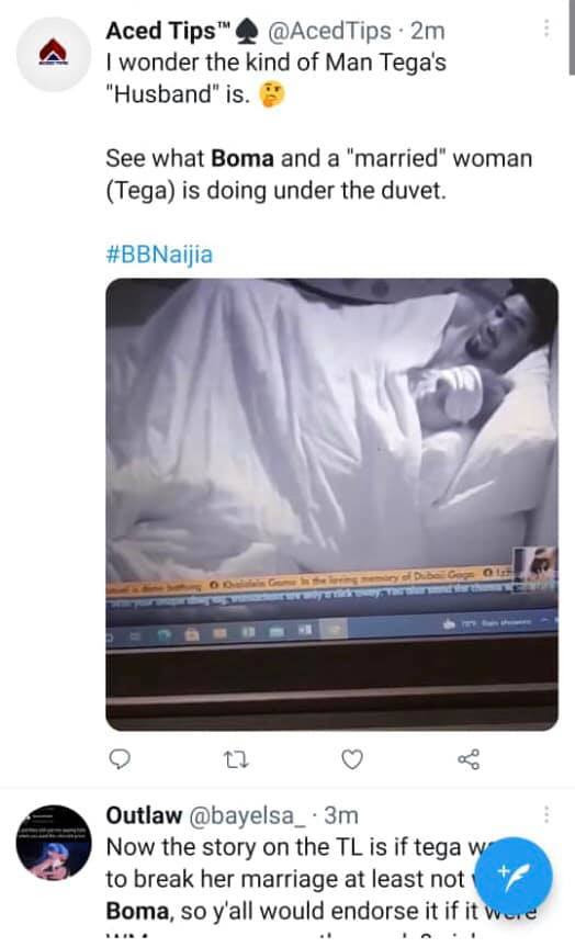 #BBNaija: Shameful for a married woman - Nigerians react to clip of Boma and Tega under the duvet during lights out (video)