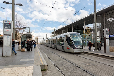 A light rail tram stops in Jerusalem. 