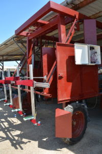 An unmanned ground phenotyping vehicle is being tested to collect real-time crop data. (Texas A&M AgriLife Research photo by Blair Fannin)   