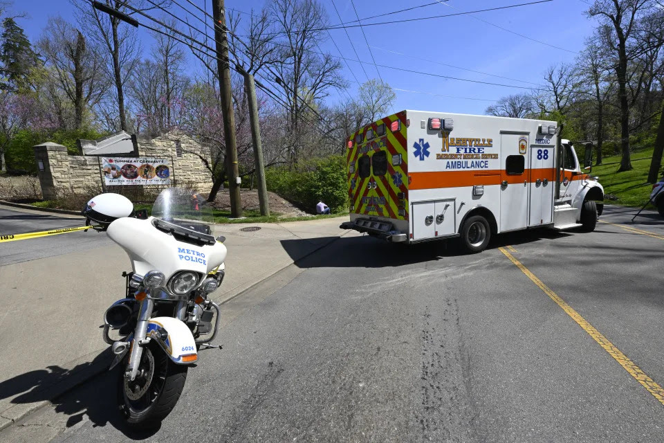 An ambulance leaves of Covenant School, Covenant Presbyterian Church, in Nashville, Tenn. Monday, March 27, 2023. Officials say several children were killed in a shooting at the private Christian grade school in Nashville. The suspect is dead after a confrontation with police. (AP Photo/John Amis)