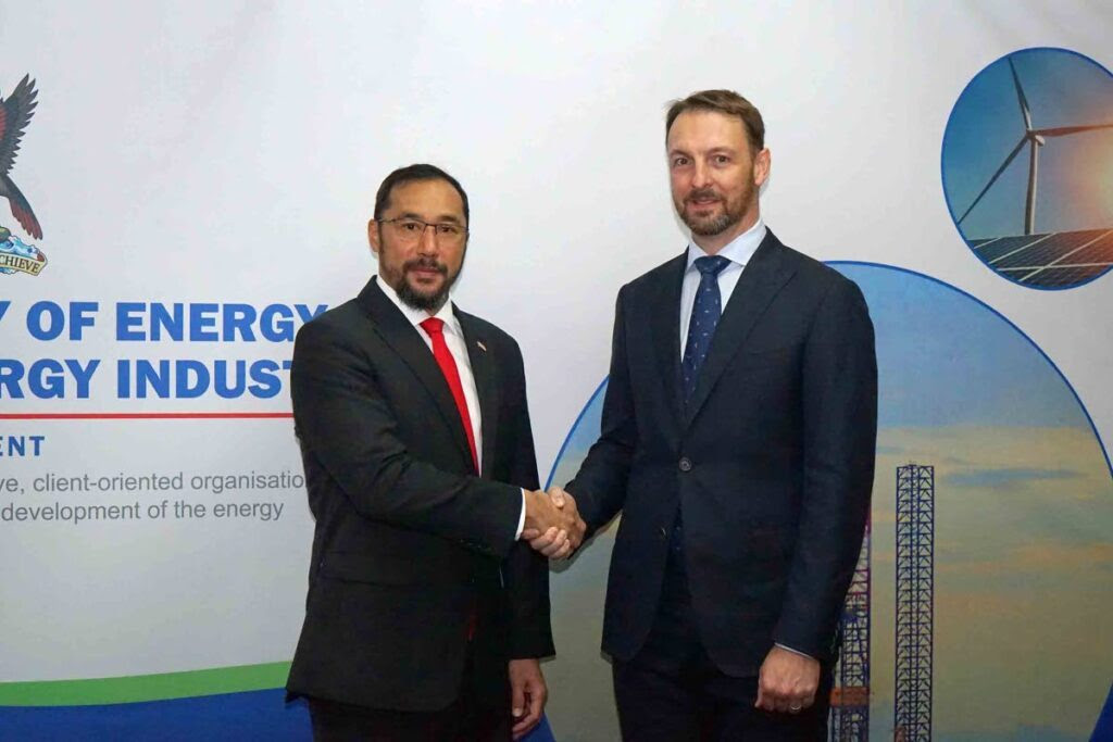 Energy Minister Stuart Young and senior vice president and country chair, Shell TT, Adam Lowmass during a courtesy call at Young's office on Thursday. - Photo courtesy Energy Ministry