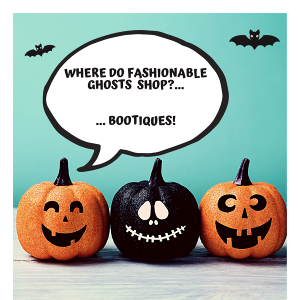 Painted pumpkins telling Halloween joke - where do fashionable ghosts shop? Bootiques.