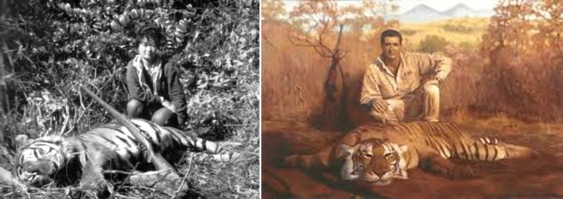 (Trái) Bà Lệ Chi bên xác con hổ (Gần Dalat, 1957). (Phải) Hình vẽ của họa sĩ Lechi Oggeri tại Cape Fear Studios. Nguồn: animalsversesanimals.yuku.com và capefearstudios.com