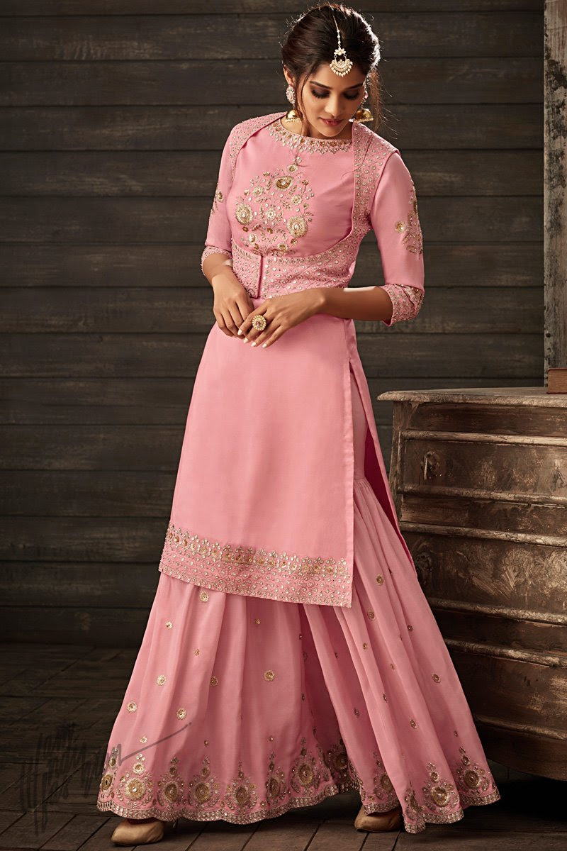 Punch Pink Georgette Party Wear Koti Palazzo Suit