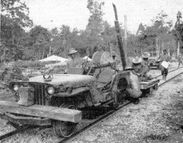 SPECIALLY-EQUIPPED rail Jeep strings signal wire along          the railroad from Pinwe to Naba Junction in Burma. Operators          are men of the 96th Signal Bn., Co. A. U.S. Army photo taken          Dec. 15, 1944.