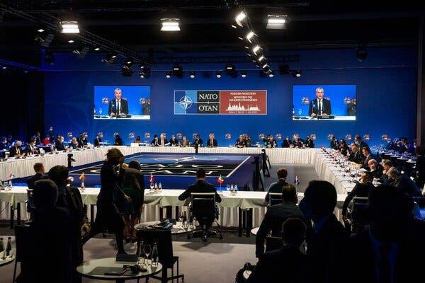 NATO Secretary General Jens Stoltenberg addresses the NATO foreign ministers’ meeting in Riga in November, where ministers discussed how to counter the Russian military build-up on the Ukrainian border.
