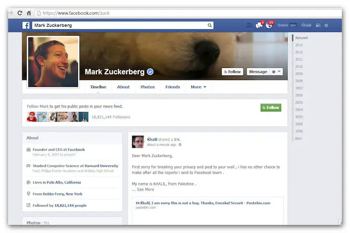 Trang Facebook cá nhân của Zuckerberg bị xâm nhập vào năm 2013. Ảnh: Khalil Shreateh