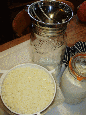 3. Kefir grains in sieve have been drained & will be put back into jar through jam funnel to prevent any escapees!