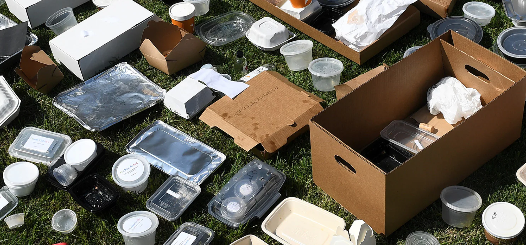 piles of takeout containers on a lawn