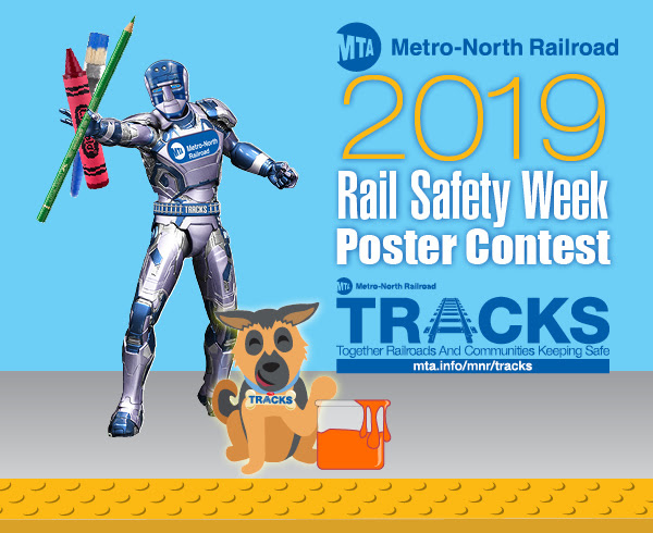 Rail Safety Poster Contest Graphic - Metroman and Tracks with Art Supplies