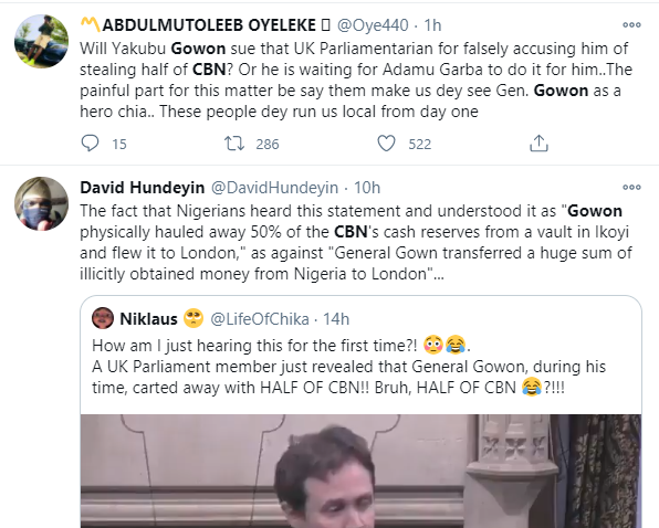 Nigerians reacts to Member of British parliament claiming that former Head of State, Yakubu Gowon left with half of Central Bank 