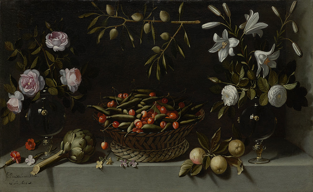 Juan van der Hamen: Bodegón con floreros y cesta de guisantes y cerezas, 1621