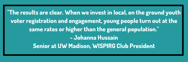 Image of quote: "The results are clear. When we invest in local, on the ground youth voter registration and engagement, young people turn out at the same rates or higher than the general population.“ —Johanna Hussain, Senior at UW Madison, WISPIRG Club President