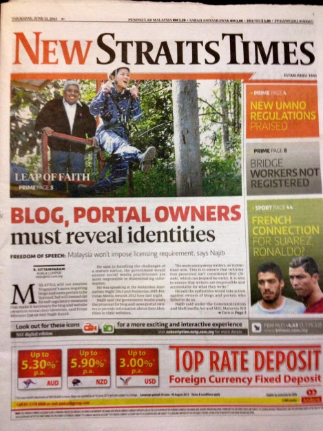NST front page on Thursday 13 June 2013