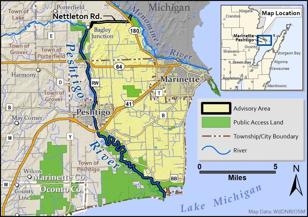 A map of the advisory area in Marinette