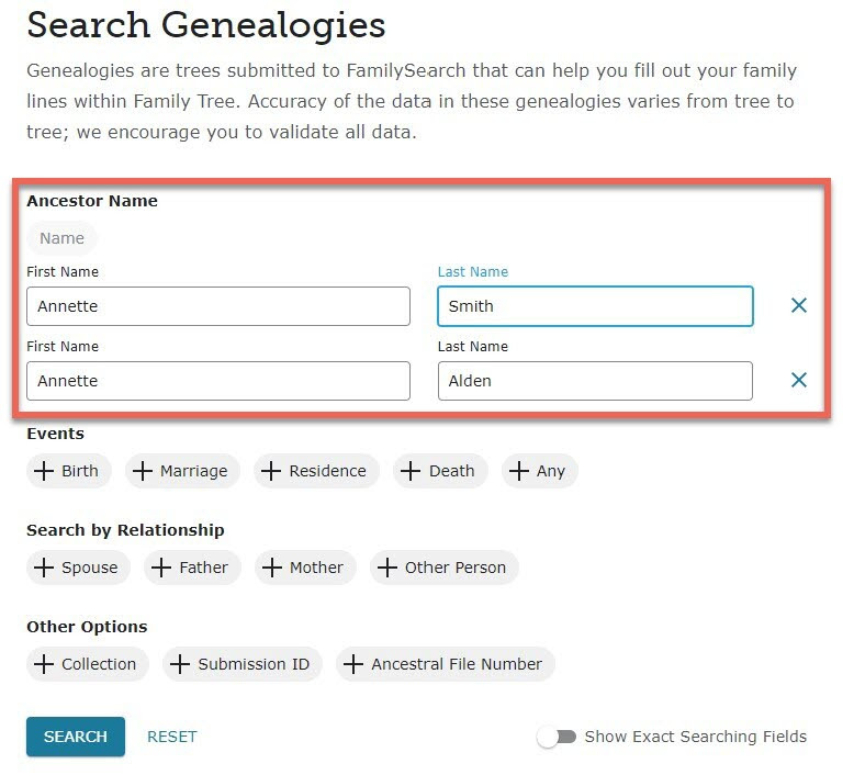 A screenshot of genealogies showing how to search with multiple names.