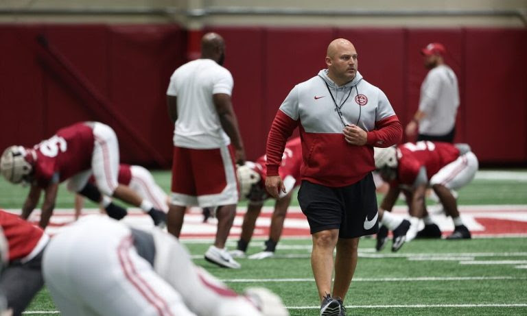 Alabama's Director of Sports Performance, David Ballou getting players ready in 2022 Spring Practice