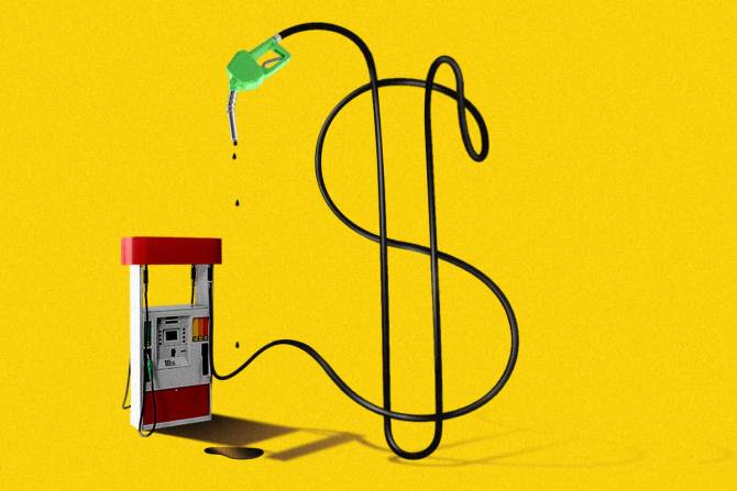An illustration of a gas nozzle shaping the form of a dollar sign