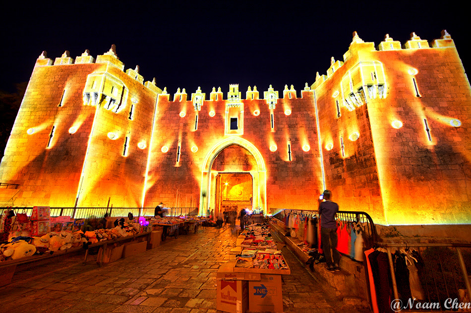 light installations on damascus gate during the festival of light in jerusalem