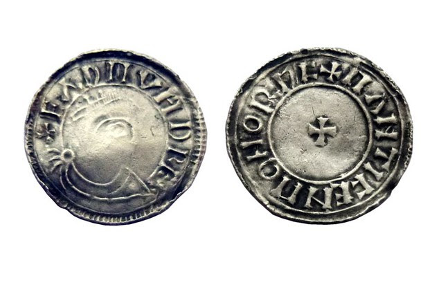 Anglo-Saxon coin: The Fitzwilliam Museum had this to say: 'This is an excellent example of the bust Crowned type of Eadmund (939-46) by the Norwich moneyer Mainticen, who also produced the bust Crowned type for Athelstan (924/5-39) Th