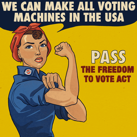 Image of a women holding her arm out with the words "we can make all voting machines in the USA. Pass the freedom to vote act" written