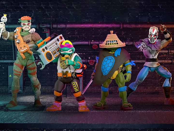 TMNT Ultimates! Rapper Mike, Ninja Nomad Leonardo, Foot Soldier (Battle Damaged) & Rat King