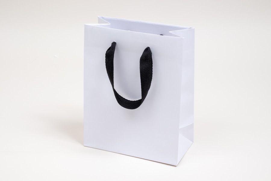 Matte White Paper Eurotote Bags Black Twill Ribbon Handles