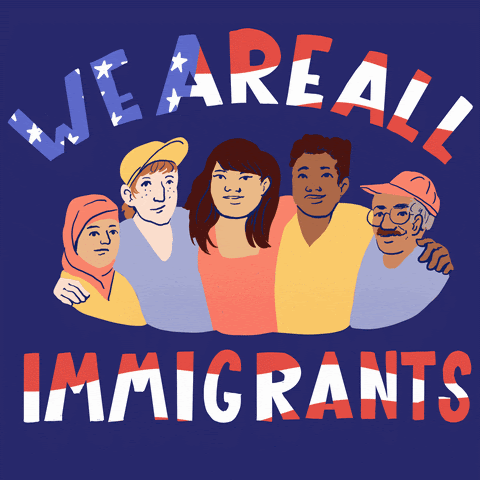 Image of people standing next to each other with the words "we are all immigrants written in American flag lettering