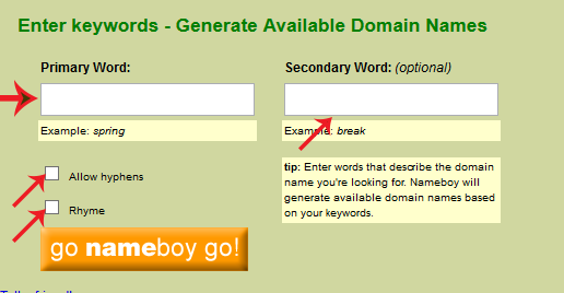 enter keyword -generate available domain names. go nameboy go