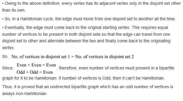 Owing to the above definition, every vertex has its adjacent vertex only in the disjoint set other than its own. So, in a Ham