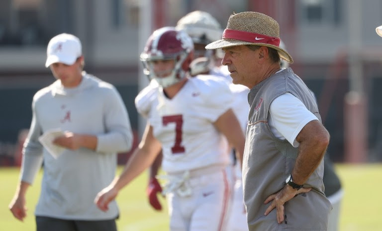 Alabama head coach Nick Saban looks on during prep week for Texas A&M
