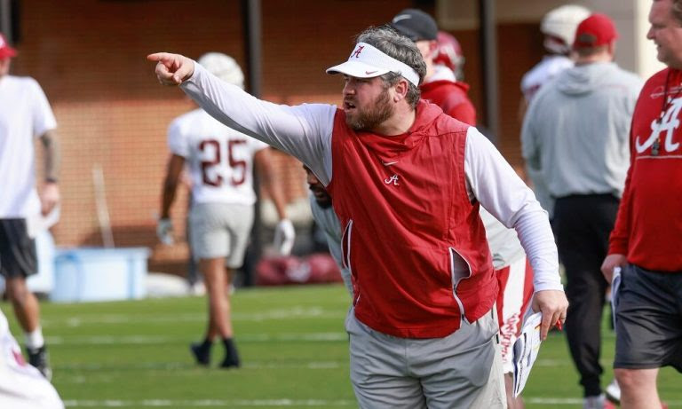 Alabama DC Pete Golding giving out signals in 2022 Spring Football Practice