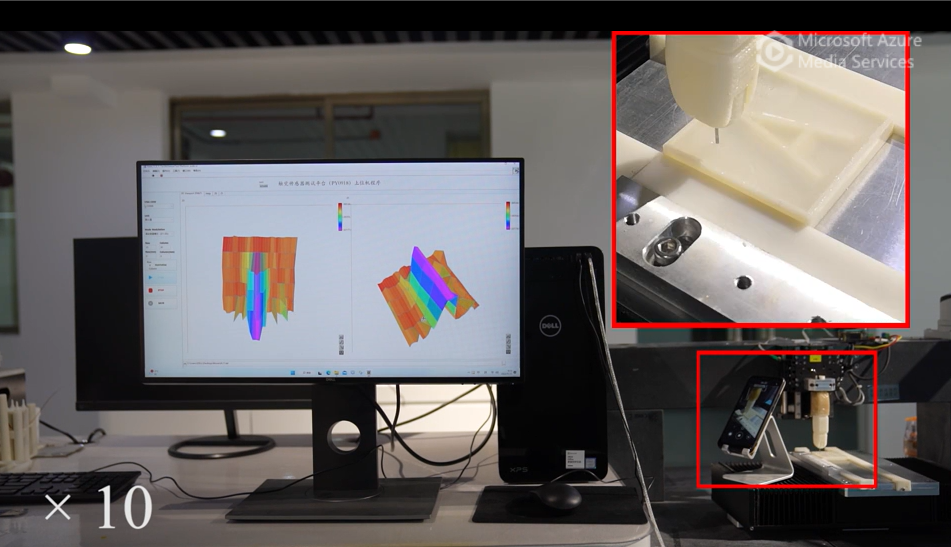 Video of bionic finger imaging a rigid letter A coated in soft silicone