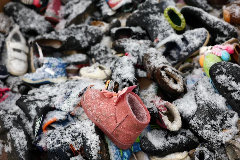 Supplies for refugees slightly covered in snow.