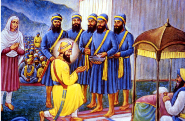 Guru Gobind Singh receiving Amrit from 5 Piaray