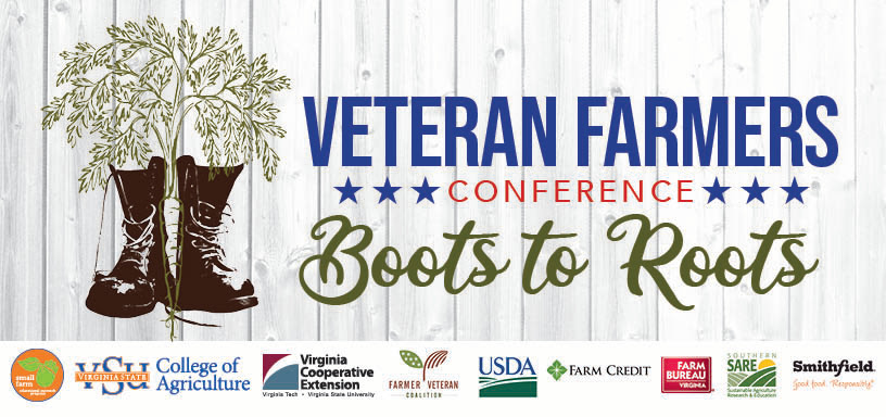 Decorative text banner that displays plants growing out of boots and Veteran Farmers Conference text