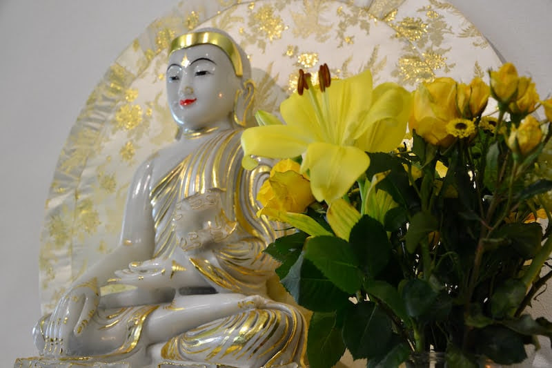 Abbey supporters who live close by bring the Buddha fresh flowers on a regular basis, such as these yellow lilies and roses. Buddha and flowers.