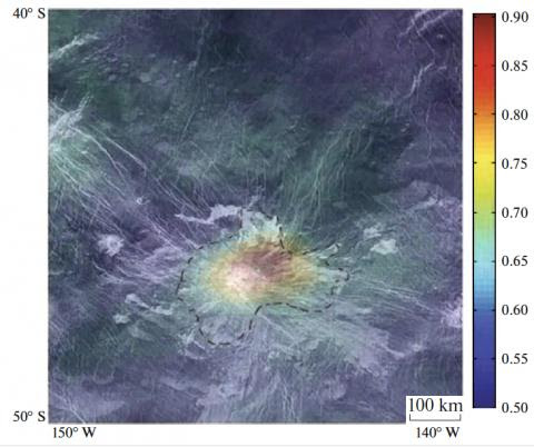 Радиолокационное изображение горы Идунн, полученное КА «Магеллан» (NASA). Цветом показана спектральная аномалия, зафиксированная спектрометром VIRTIS на борту КА «Венера-Экспресс» (ESA). Изображение из статьи Smrekar et al., 2010