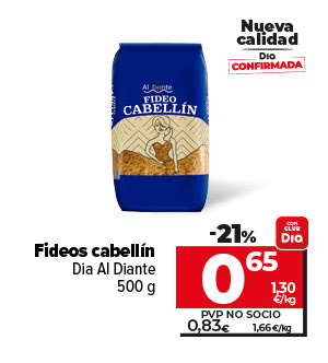 Fideos Cabellín Dia Al Diante 500g ahora un 21% más barato con CLUBDia a 0,65€ a 1,30€/kg. Pvp no socio a 0,83€ a 1,66€/kg